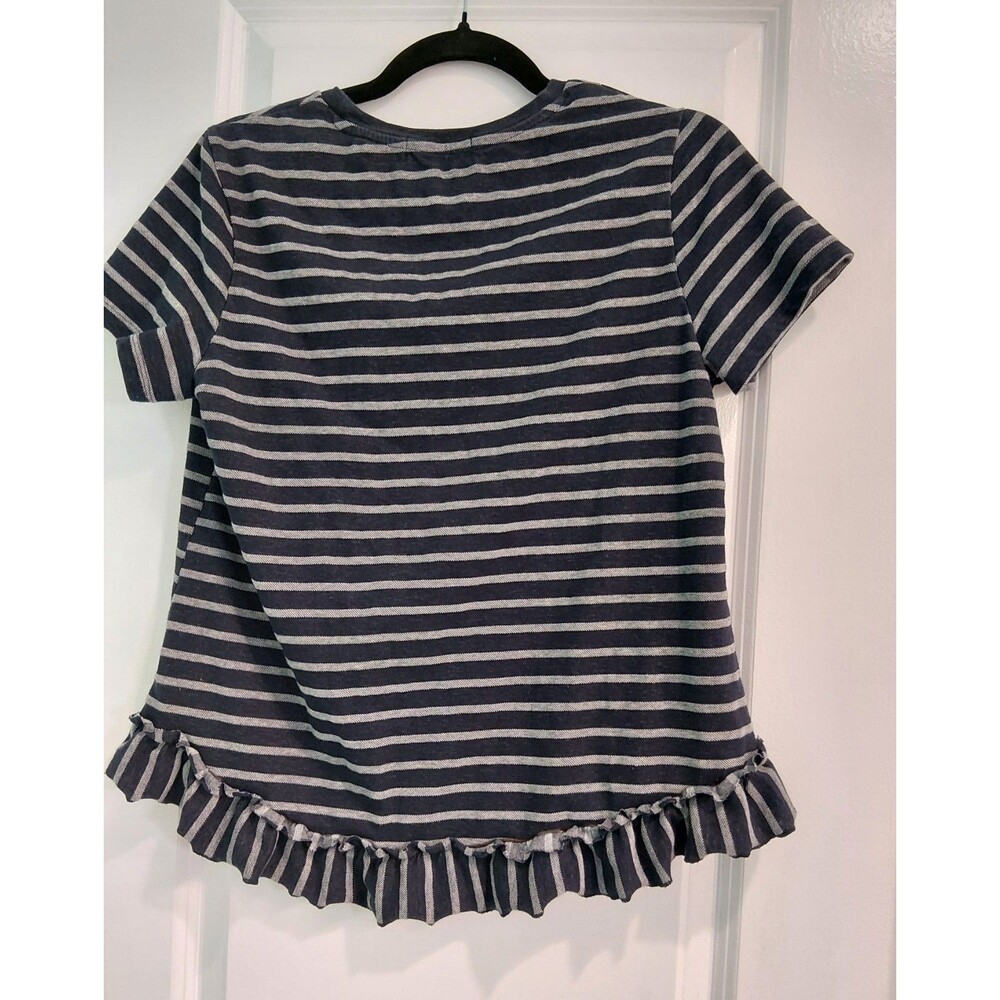 Banana Republic women Navy Stripe Ruffle Top Size Medium Moisture Wicking Cotton - Picture 4 of 15